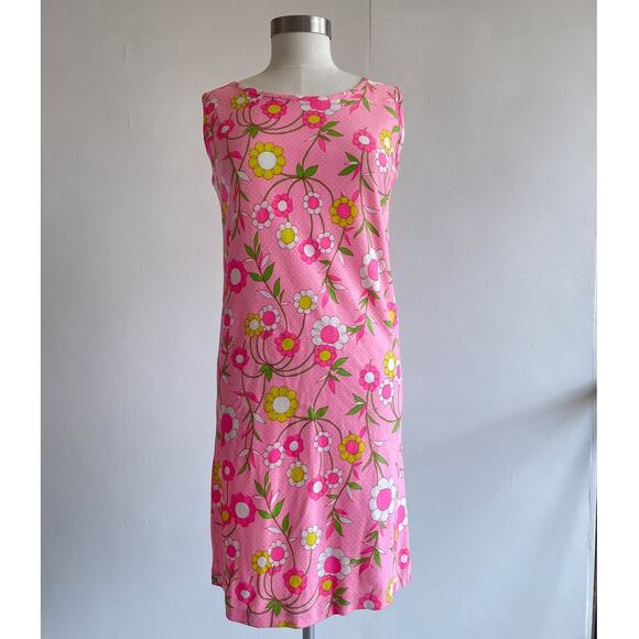 Vtg 60's Pink Flower Power Sleeveless Shift Dress Sz S/M Dayglo Retro Mod Daisy - Picture 1 of 8